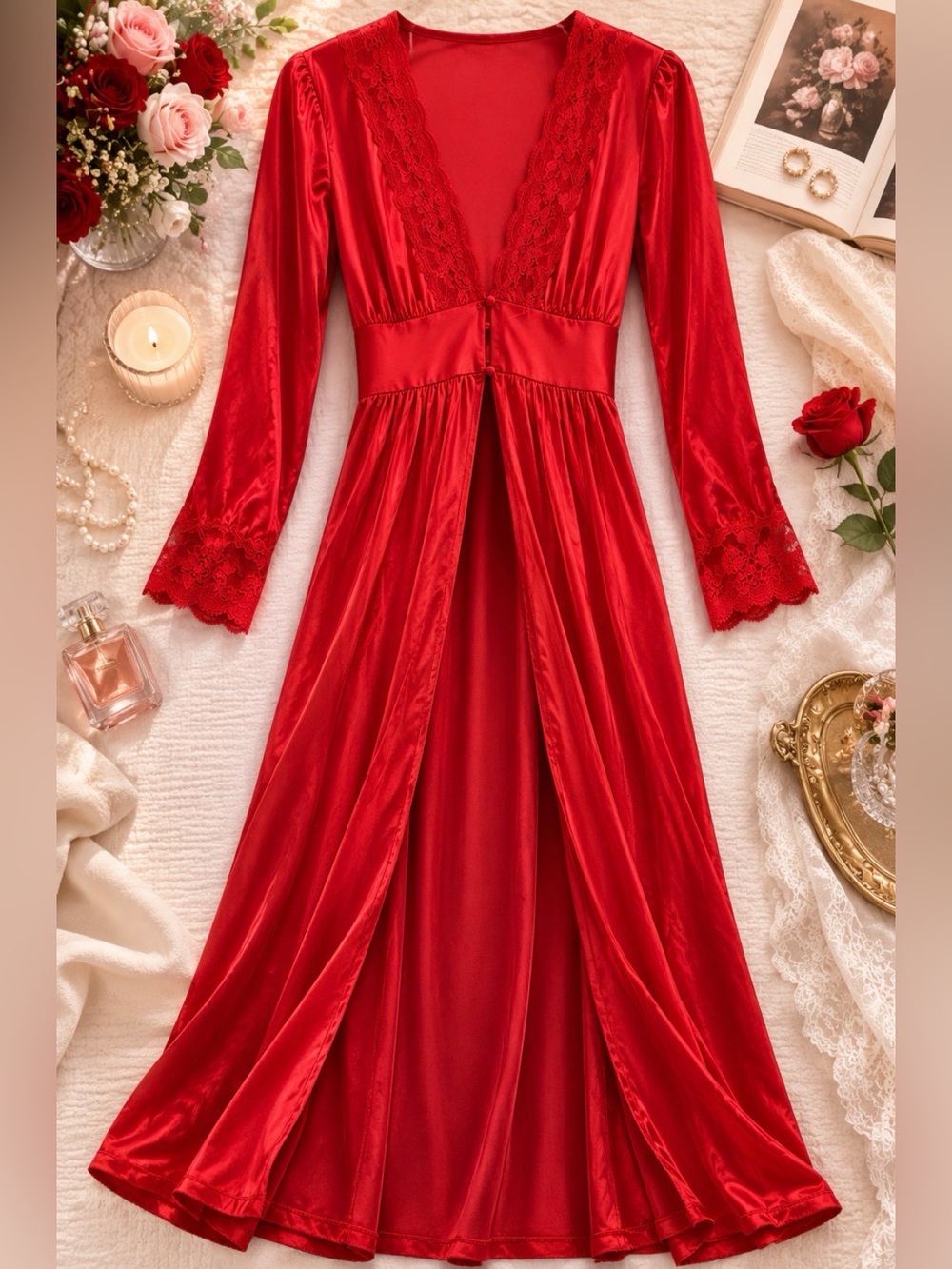 Vintage French Maid Canada Red Satin Lace Long Nightgown Robe Petite